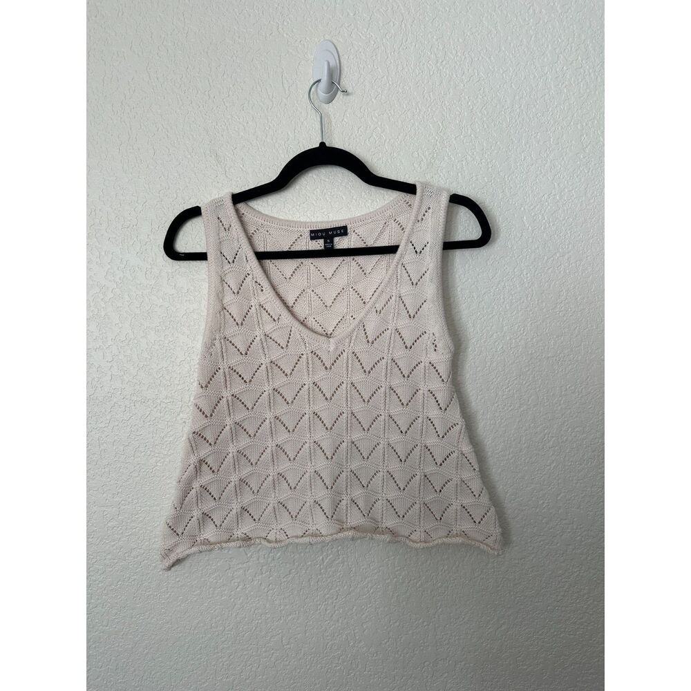 MIOU MUSE Crochet V Neck Sweater Tank Top Ivory Cream Size Small